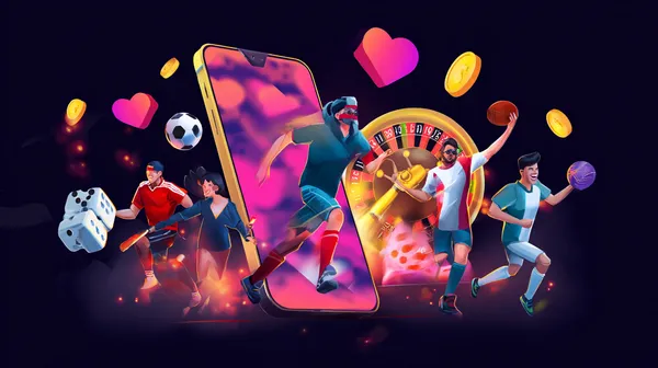 A young woman relaxing with her phone while dynamic casino elements float around her, illustrating the smooth mobile experience offered by the 5666BDT app.
